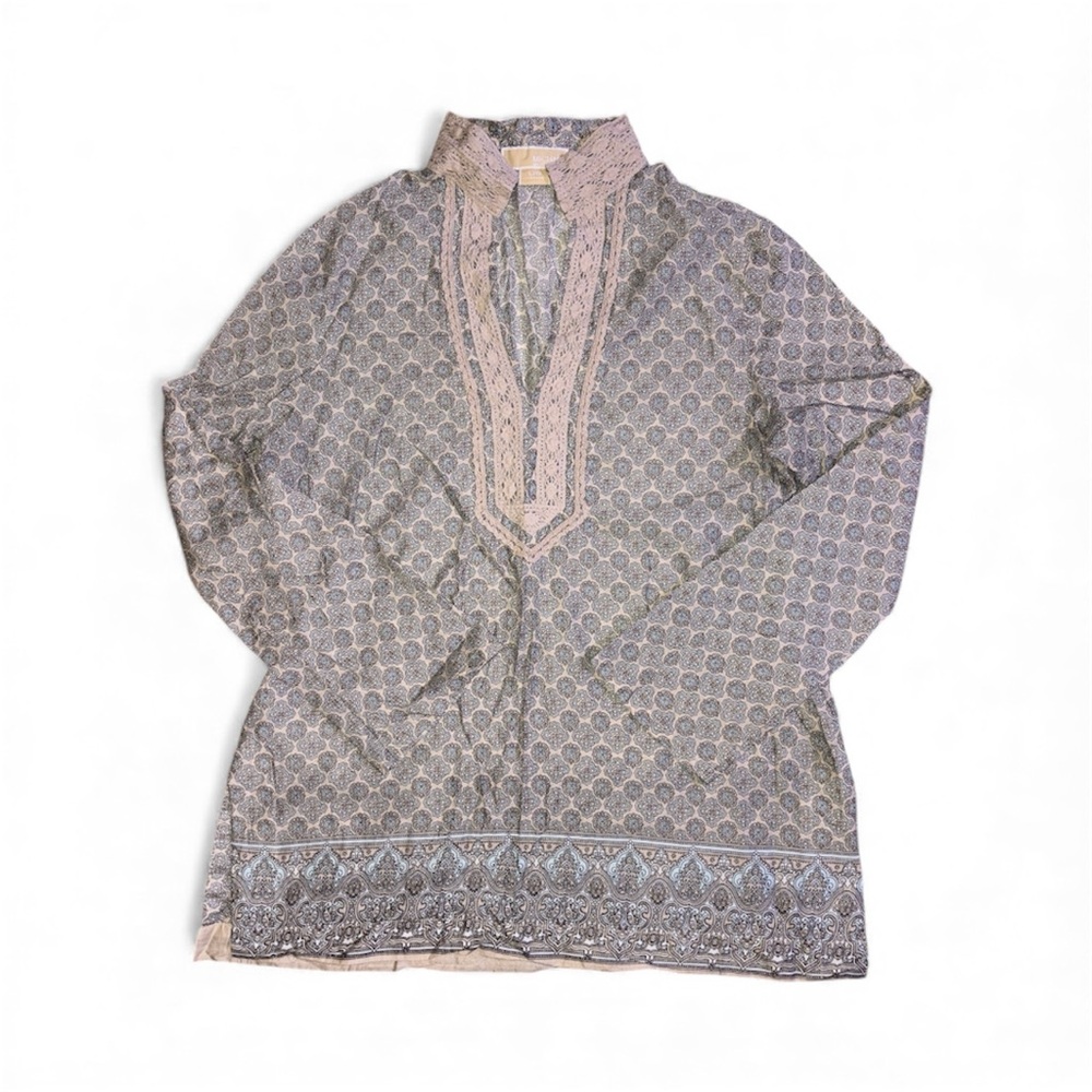 Michael Kors Cream & Blue Bohemian Pattern Cotton Longsleeve Embroidered Blouse